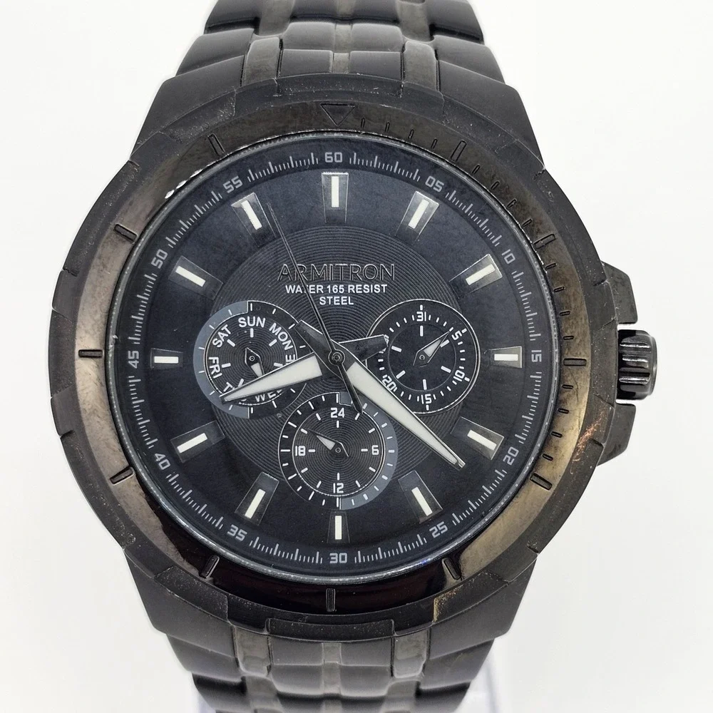 Armitron Men's Watch 46MM Black Dial Day Date Black Bracelet Band 6